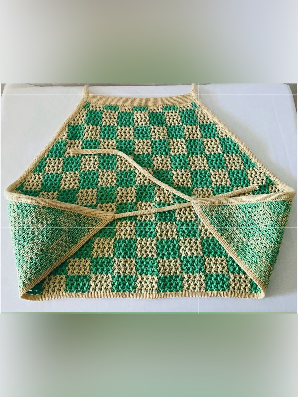 Earthbound Green & Tan Checkered Crochet festival Halter Top – Size S/M